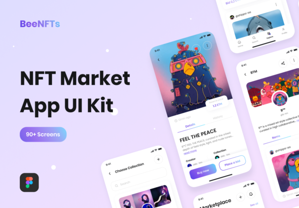 NFT主题应用程序APP界面设计FIGMA模板素材 BeeNFTs – NFT Market App UI Kit