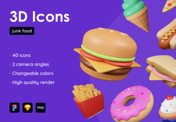 40款汉堡薯条热狗快餐3D卡通立体Icon图标PNG免抠图片设计素材 Junk Food Pack – Customizable 3D Icons