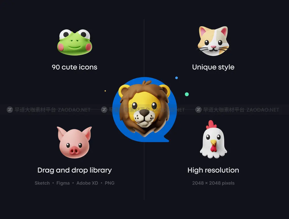 90款3D卡通萌趣Emoji动物生肖表情包PNG免抠Icon图标插图设计素材 Animojis: 3D Icon Pack插图1