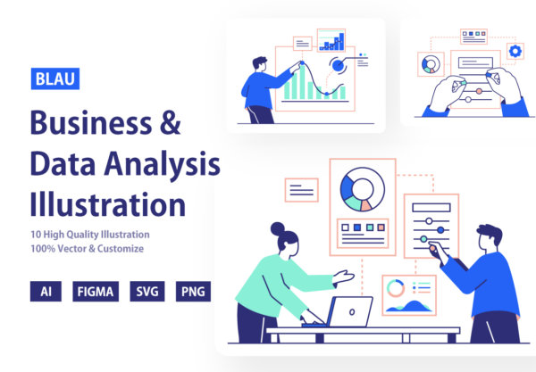 业务分析和数据统计插画图片数据可视化插画设计AI素材下载 BLAU – Business Analysis & Data Statistic Illustration
