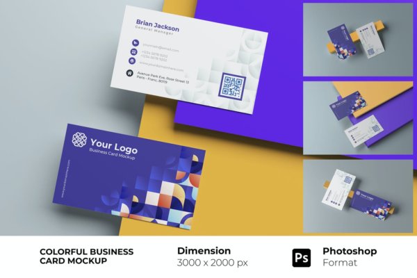 时尚商务名片卡片设计展示贴图样机PSD模板素材 Colorful Business Card Mockup