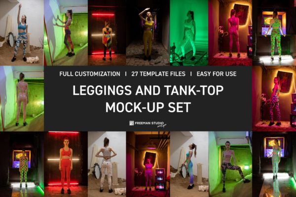 27款时尚紧身裤背心印花图案设计展示样机PSD模板素材 Leggings and Tank-Top Mock-Up Set