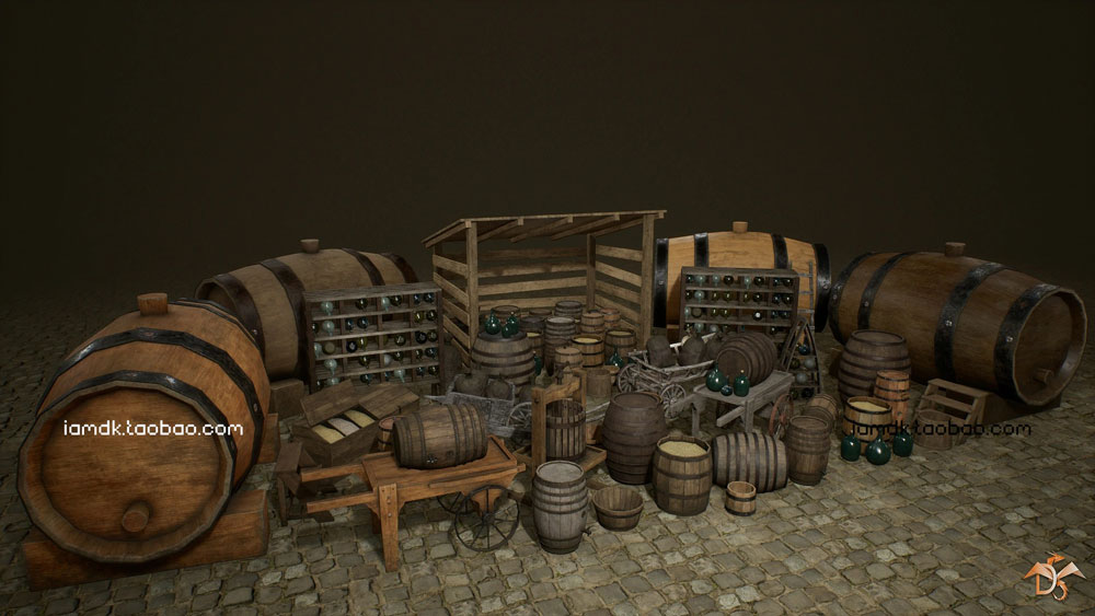 UE模型 中世纪欧风地窖酒窖木桶酒瓶3D设计素材 Unreal Engine – Medieval Props Cellar插图1