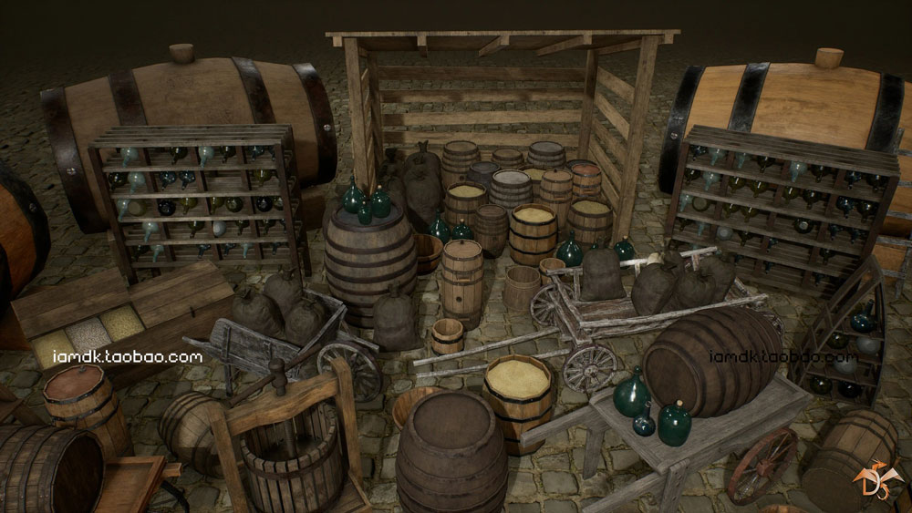 UE模型 中世纪欧风地窖酒窖木桶酒瓶3D设计素材 Unreal Engine – Medieval Props Cellar插图2