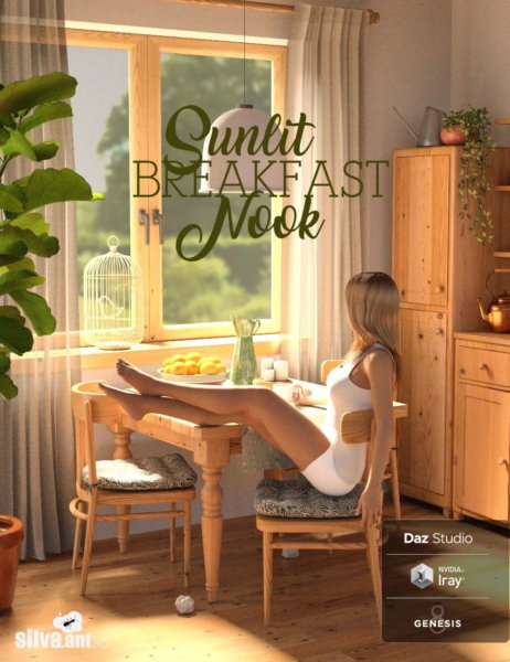 阳光清晨早茶女孩柜子书桌书房场景3D模型素材 Description Sunlit Breakfast Nook