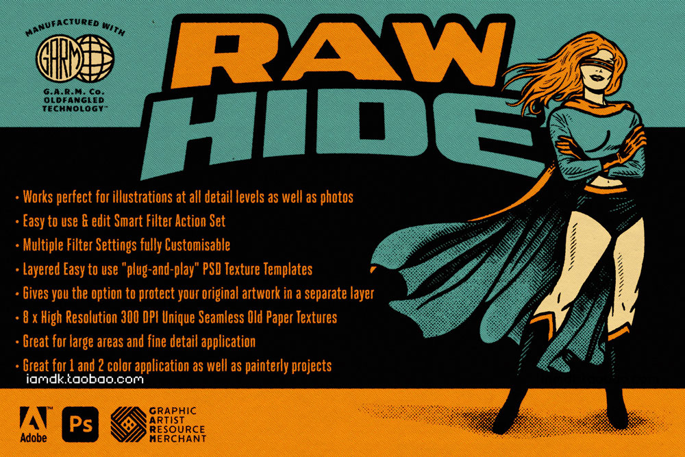潮流复古低保真漫画书半调网格打印照片处理效果PS动作样式套件 RAW HIDE – Photoshop Effect Kit插图1