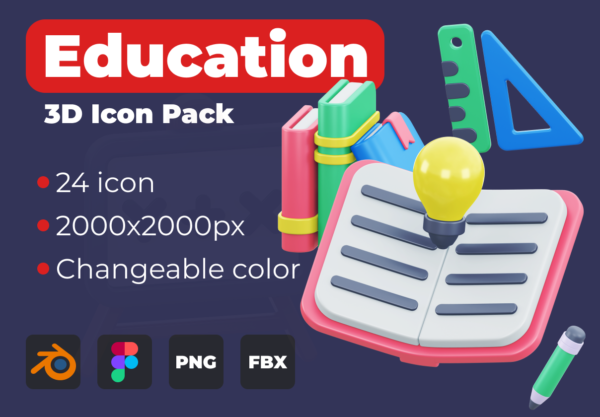 24款趣味卡通3D立体学习教育开学季文具icon图标png免抠图片素材 Education 3D icon pack