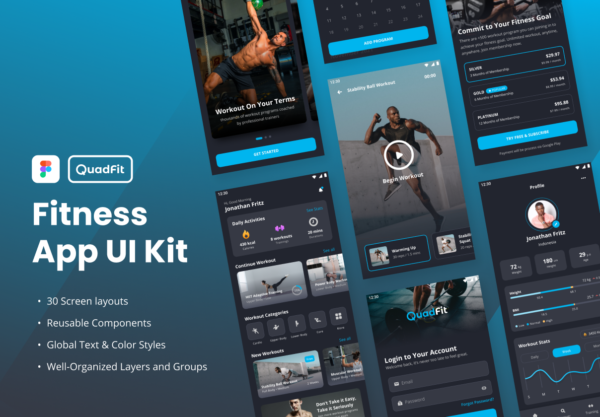 时尚锻炼健身应用程序APP界面设计UI套件素材 QuadFit – Fitness App UI Kit