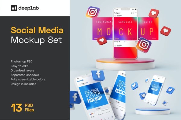 13款社交媒体新媒体电商海报设计苹果手机iPhone屏幕演示样机 Social Media Banners Mockup Set