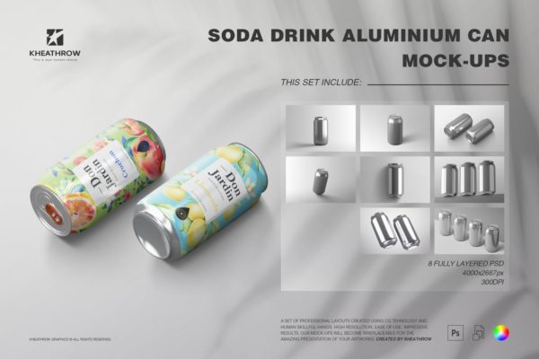 8款苏打水饮料汽水可乐易拉罐产品包装设计作品贴图Ps样机素材 Soda Drink Aluminum Can Mock-Ups