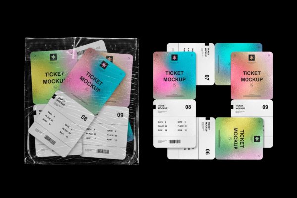 潮流透明塑料薄膜飞机电影票设计展示样机素材 Ticket Mockups