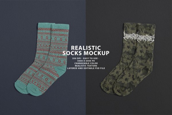 高品质长装袜子图案印花设计展示PS贴图样机模板 Realistic Socks Mockup