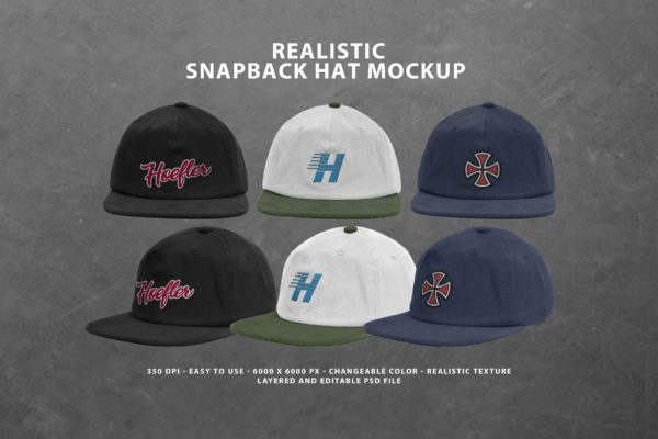 潮流复古街头平檐棒球平沿帽子印花图案设计贴图Ps样机素材模板 Realistic Snapback Hat Mockup