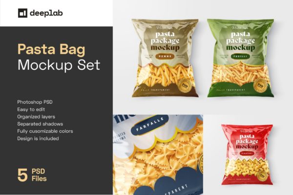 逼真光泽食品零食包装塑料袋设计展示贴图PSD样机 Pasta Bag Packaging Mockup Set