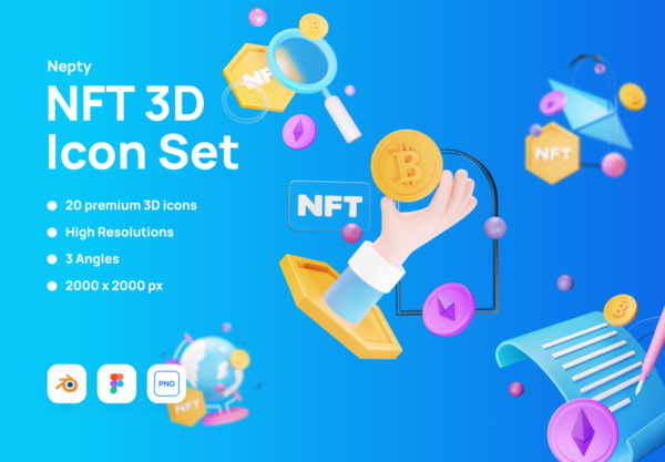 20款时尚NFT交易平台货币3D立体图标Icons设计素材 Nepty – NFT 3D Illustration