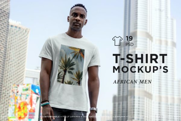 19款时尚男士街头半袖T恤印花图案设计展示贴图样机PSD模板素材 T-Shirt MockUp African Men
