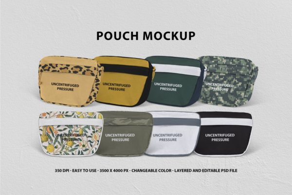 潮流复古潮牌尼龙手拿包腰包挎包印花图案设计贴图Ps样机素材模板 Pouch Mockup