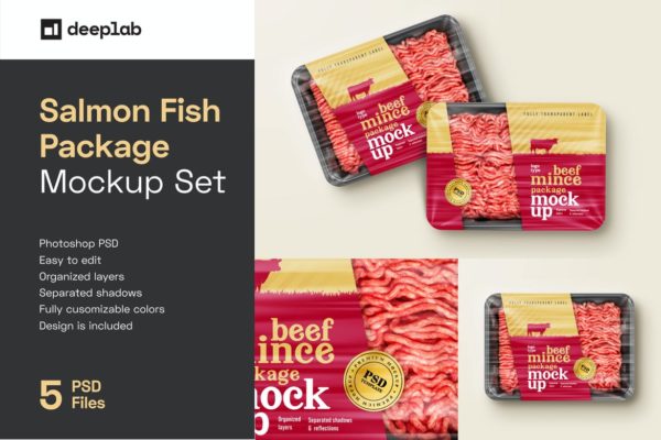 透明牛肉肉食食品塑料包装盒贴纸设计展示贴图样机 Beef Mince Package Mockup Set