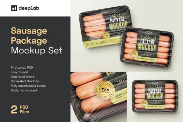 时尚透明有机香肠塑料包装盒贴纸设计展示贴图样机模板 Sausage Package Mockup Set