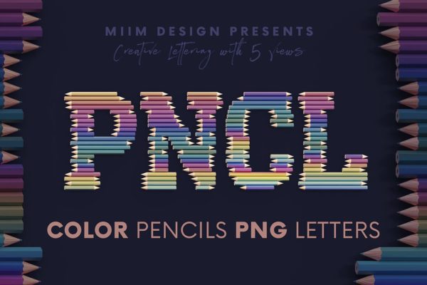 逼真3D创意彩色铅笔刻字英文字体数字PNG免扣图片设计素材 Color Pencils – 3D Lettering