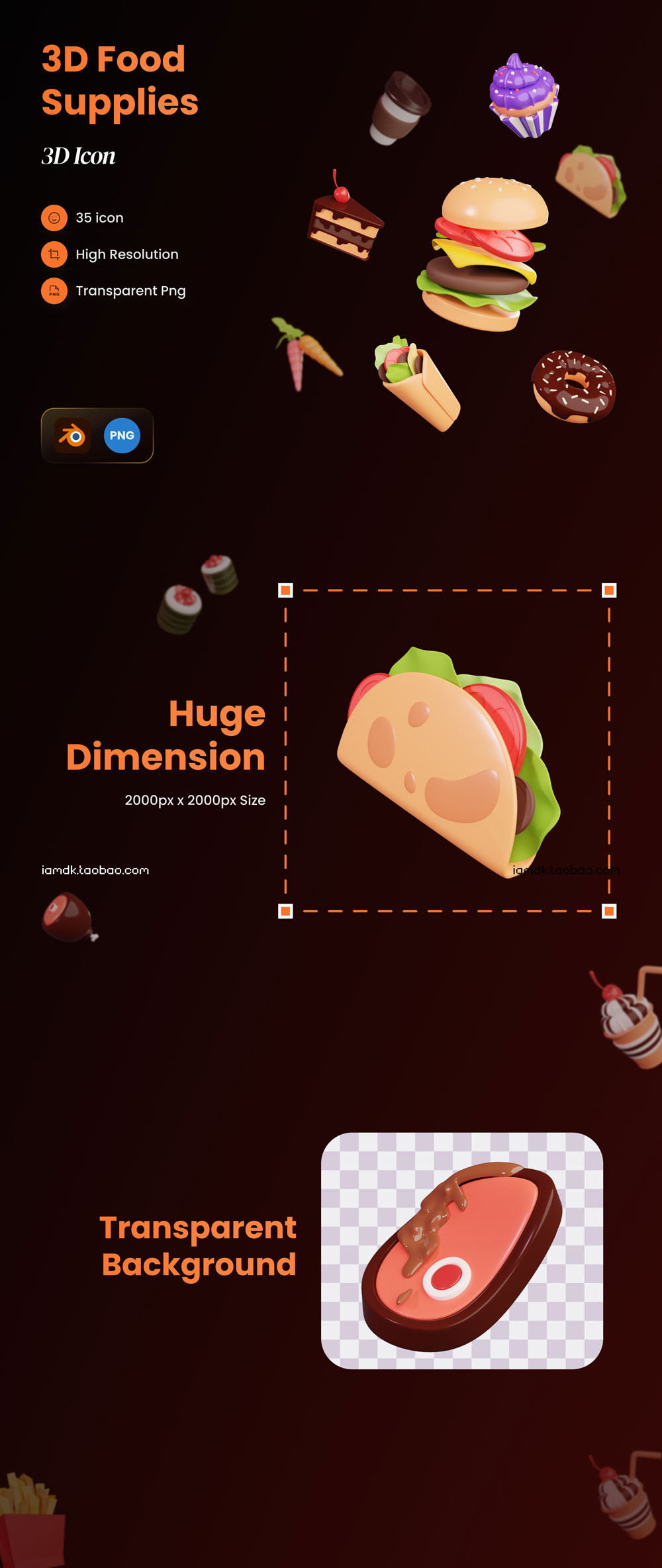 精美食品美食汉堡薯条创意3D图标PNG免扣图片设计素材 Food Supplies 3D Icons插图1