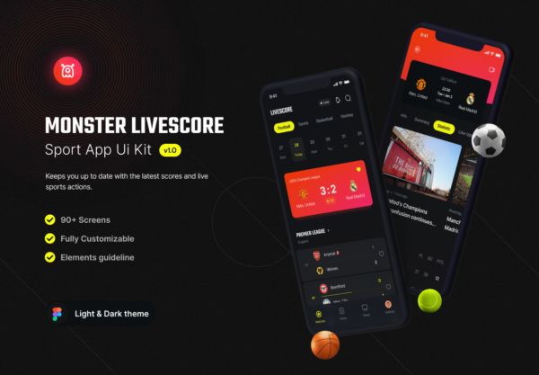 高品质体育赛事新闻数据统计APP应用程序界面设计UI套件 Monster – Livescore Sport app ui kit