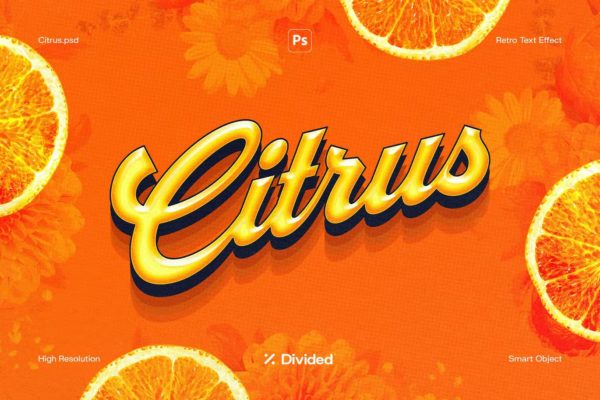 复古3D立体黄金质感文本标题徽标PS样机特效模板 Citrus Retro Text Effect