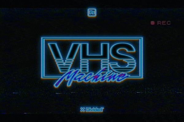 复古怀旧老式VHS录像带屏幕肌理纹理Ps样机Logo标题特效生成模版 VHS Machine Retro Effect