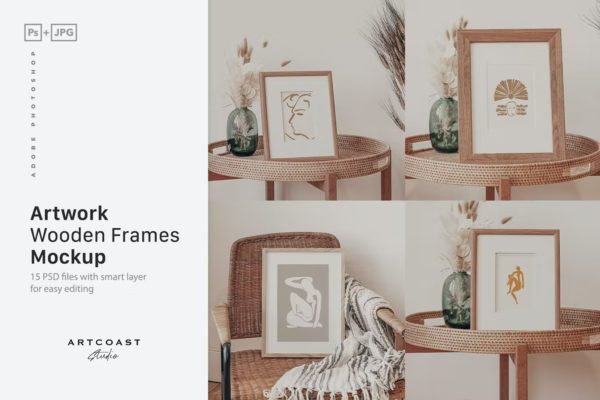 15款简约室内艺术品海报相片展示木制相框样机模板 Artwork Wooden Frames Mockup