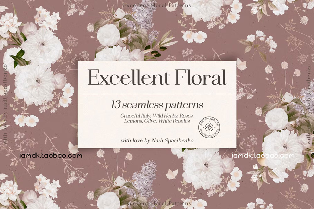 奢华意大利风橄榄枝花卉无缝隙PNG免抠图片设计素材 Excellent Floral Vintage Patterns插图4