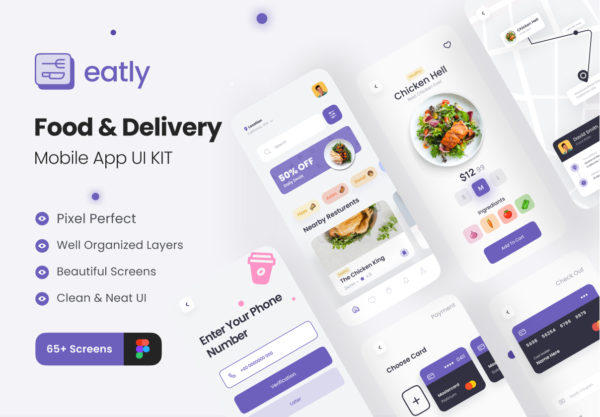 简约外卖送餐软件APP界面设计UI套件 Eatly – Food Delivery App UI Kit