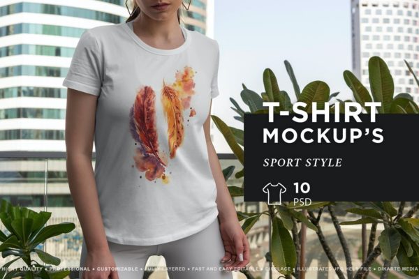 10个逼真街头女式T恤半袖印花图案设计展示贴图样机 T-Shirt MockUp Girl Sport Style