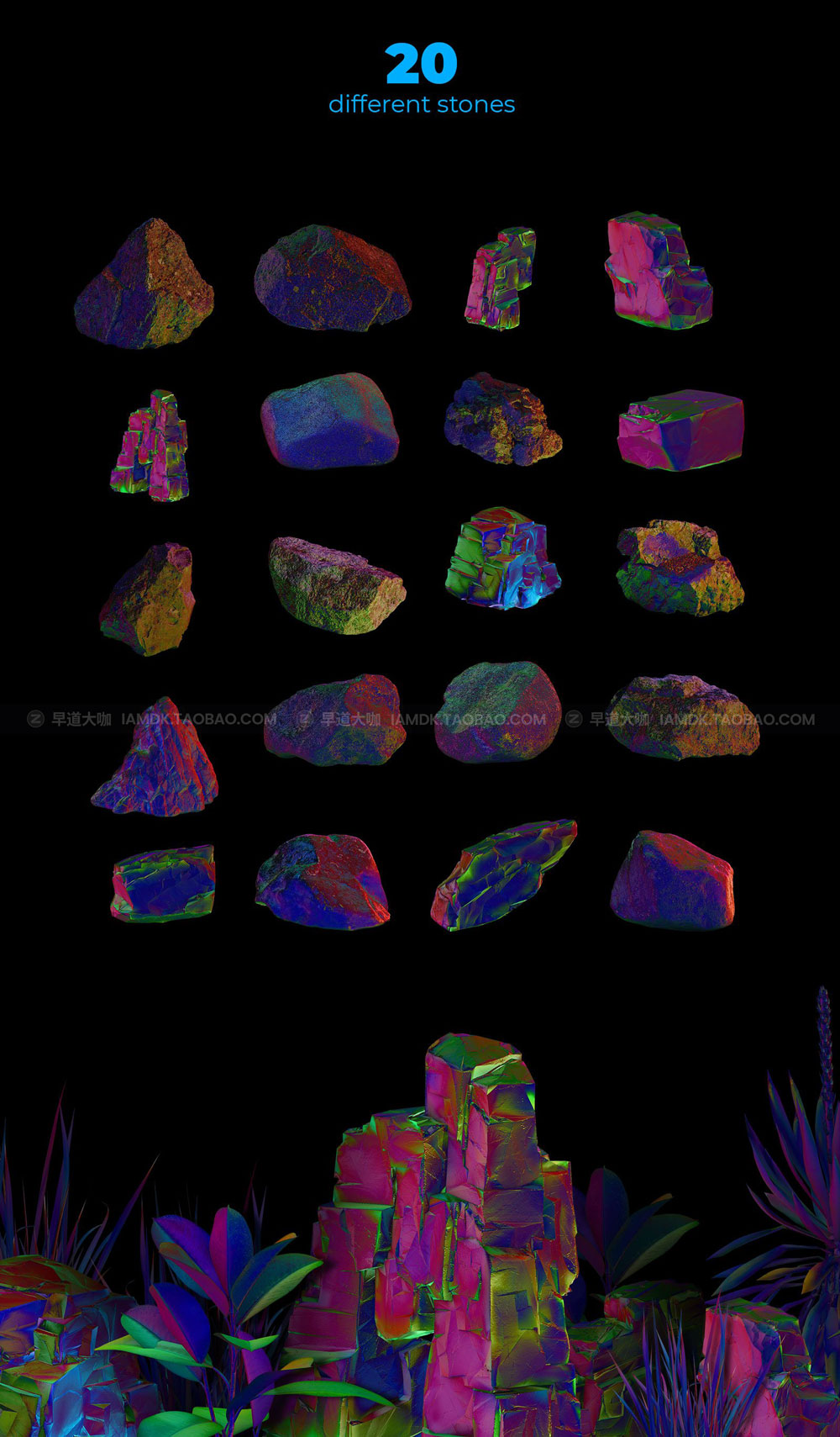 抽象Neon霓虹朋克蒸汽波炫彩树叶植物岩石PNG免抠图片素材 NEON Plants & Stones Collection #01插图8