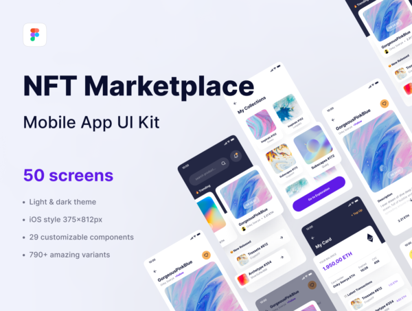 时尚加密货币NFT市场iOS应用程序APP界面设计UI套件 NFTzy – NFT Marketplace Mobile App UI Kit