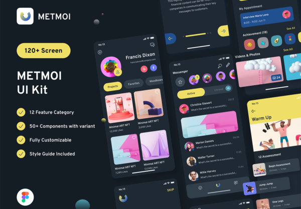 现代创意暗黑多用途iOS APP界面设计UI套件素材包 Metmoi Mobile App UI KIT