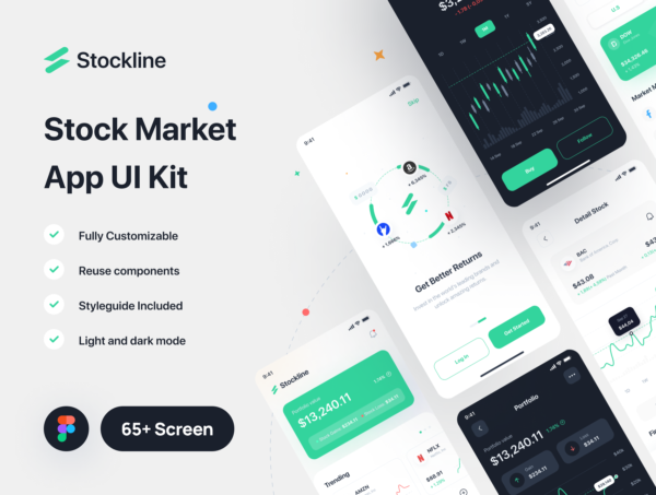 简约股票金融银行应用程序APP界面设计UI套件 Stockline – Stock Market App UI Kit