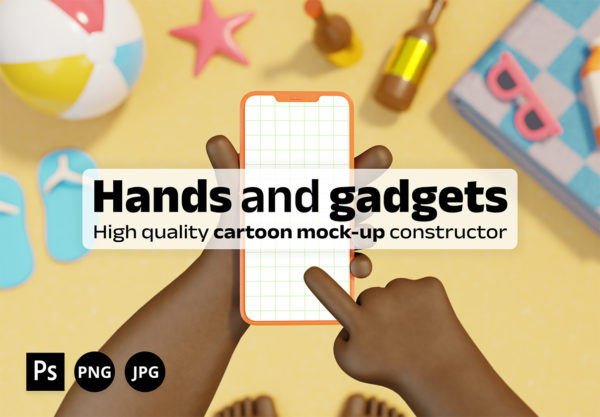 卡通3D手势手指手持iPhone手机iPad平板手表UI界面设计贴图ps样机 Hands And Gadgets Mock-up Constructor