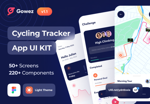 创意自行车骑行定位追踪APP应用程序UI界面设计套件 Gowez – Sport Cycling Tracker App UI Kit