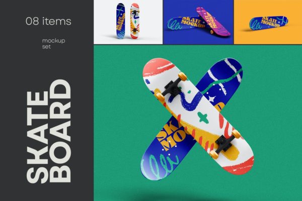 逼真滑板甲板印花图案设计展示PS智能贴图样机素材 Skateboard Mockup