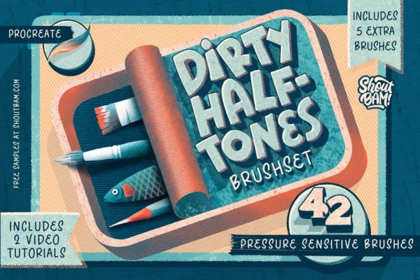 复古颗粒噪点点状条纹半调艺术绘画效果iPad Procreate笔刷素材 Dirty Halftones Brush Set for Procreate