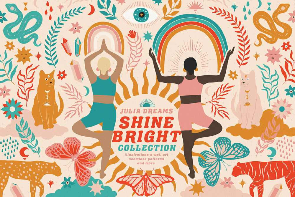 优雅女性瑜伽花卉动物月亮太阳手绘插画矢量图案设计素材 Shine Bright Collection插图 优雅女性瑜伽花卉动物月亮太阳手绘插画矢量图案设计素材 Shine Bright Collection插图