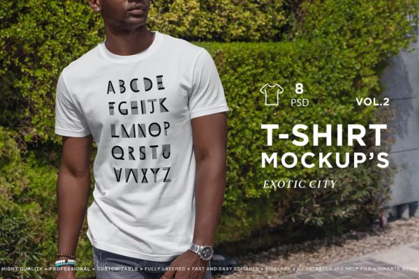 黑人模特短袖T恤印花图案设计贴图ps样机素材街拍场景展示效果 T-Shirt MockUp Exotic City vol.2