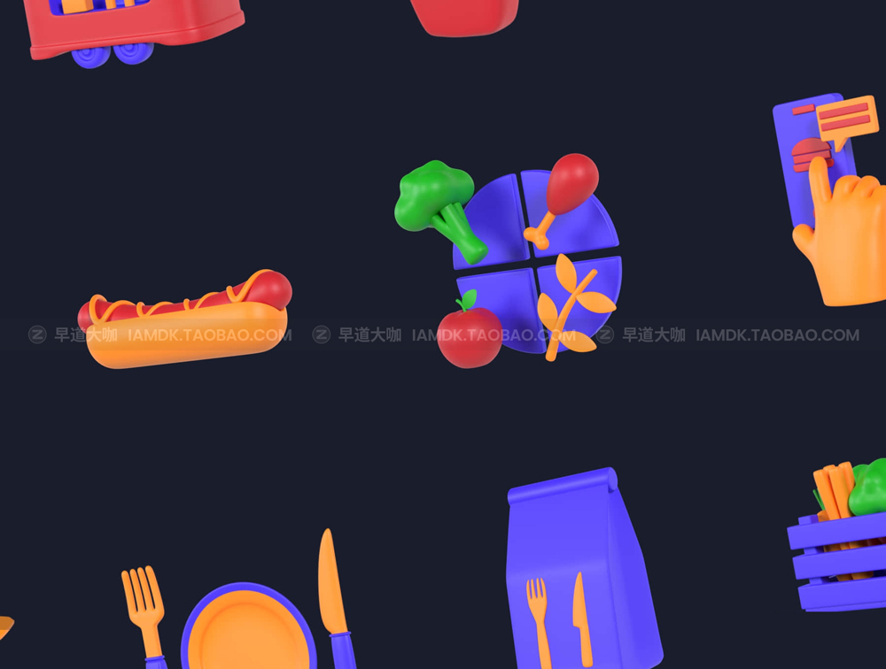 逼真塑料哑光质感蔬菜快餐水果餐具3D食物图标icon素材png免抠图文件 Food 3D icons插图1