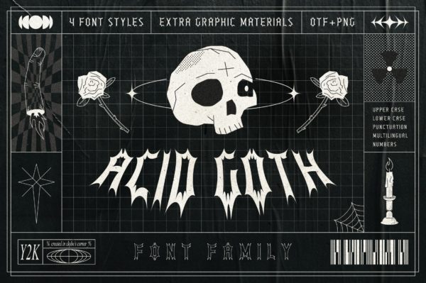 新野蛮主义风格酸性复古波浪怪诞Y2K垃圾风格哥特字体包 Acid Goth – Font Family