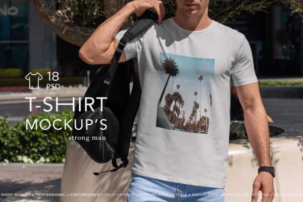 18款模特街拍短袖T恤印花图案设计贴图ps样机素材场景展示效果 T-Shirt MockUp Strong Man
