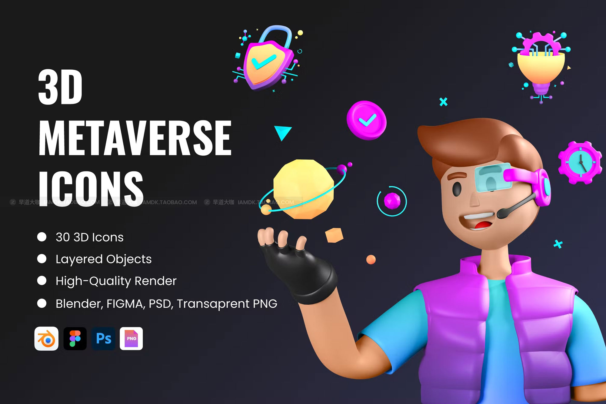 未来网络科技区块链信息技术加密货币3d图标icons设计素材 3D Metaverse Icon Set - Vol 2