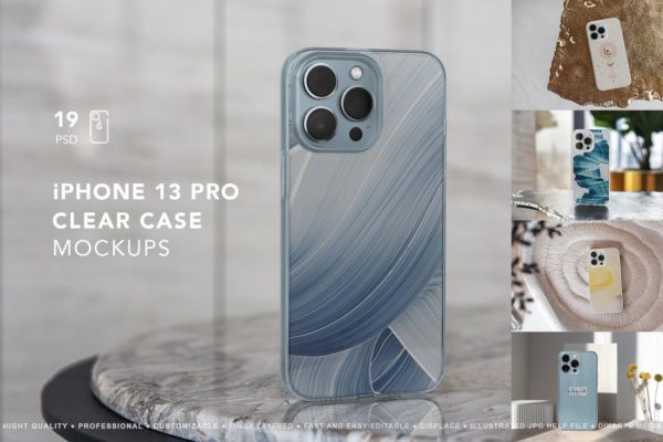 高级iPhone13透明手机壳印花图案设计贴图ps样机模板素材 iPhone 13 Pro Clear Case MockUp