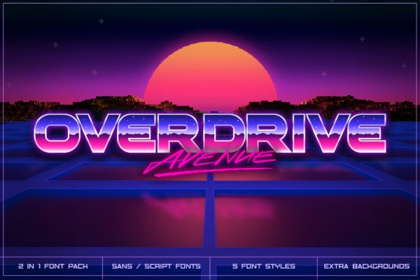 未来潮流复古科幻赛博朋克蒸汽波机能英文字体安装包 Overdrive Avenue – 2 in 1 Retro Wave Font