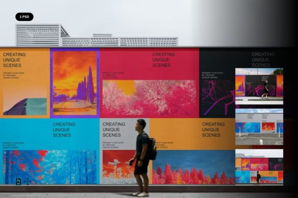 城市街头围栏海报展板设计展示效果图PSD样机模板 Wall Poster Mockups