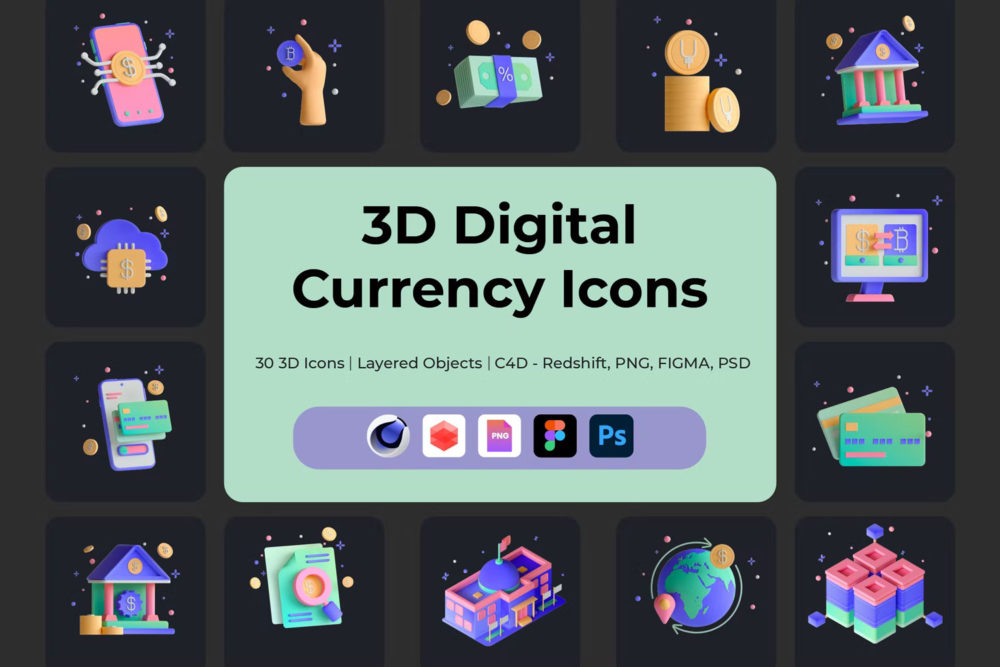 30款3d卡通数字货币区块链金融图片icons设计素材 Digital Currency 3D Icon Set插图